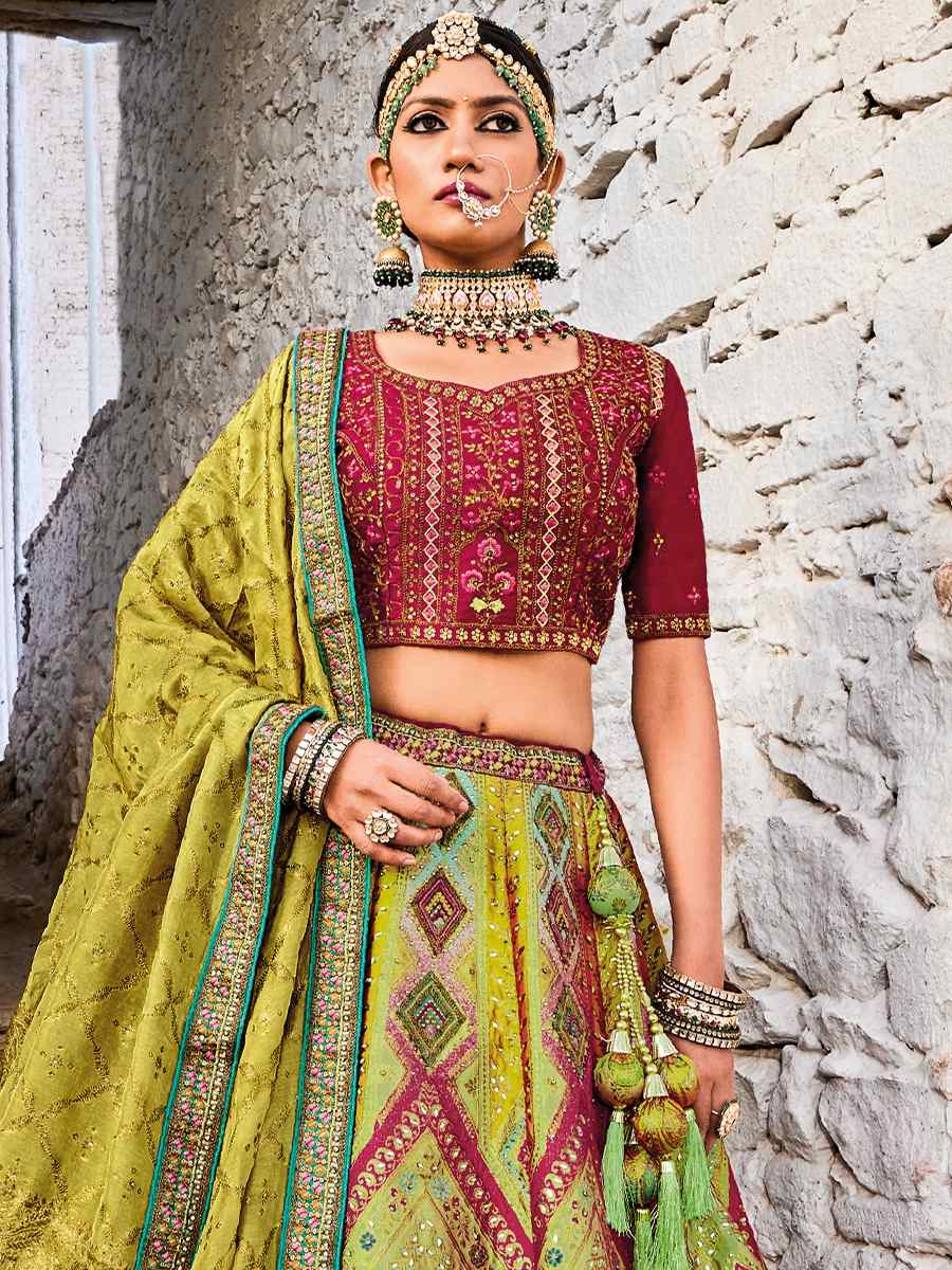 Pista Green Banarasi Silk Jacquard Embroidered Bridal Wedding Heavy Border Lehenga Choli