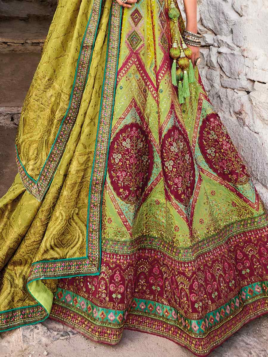 Pista Green Banarasi Silk Jacquard Embroidered Bridal Wedding Heavy Border Lehenga Choli