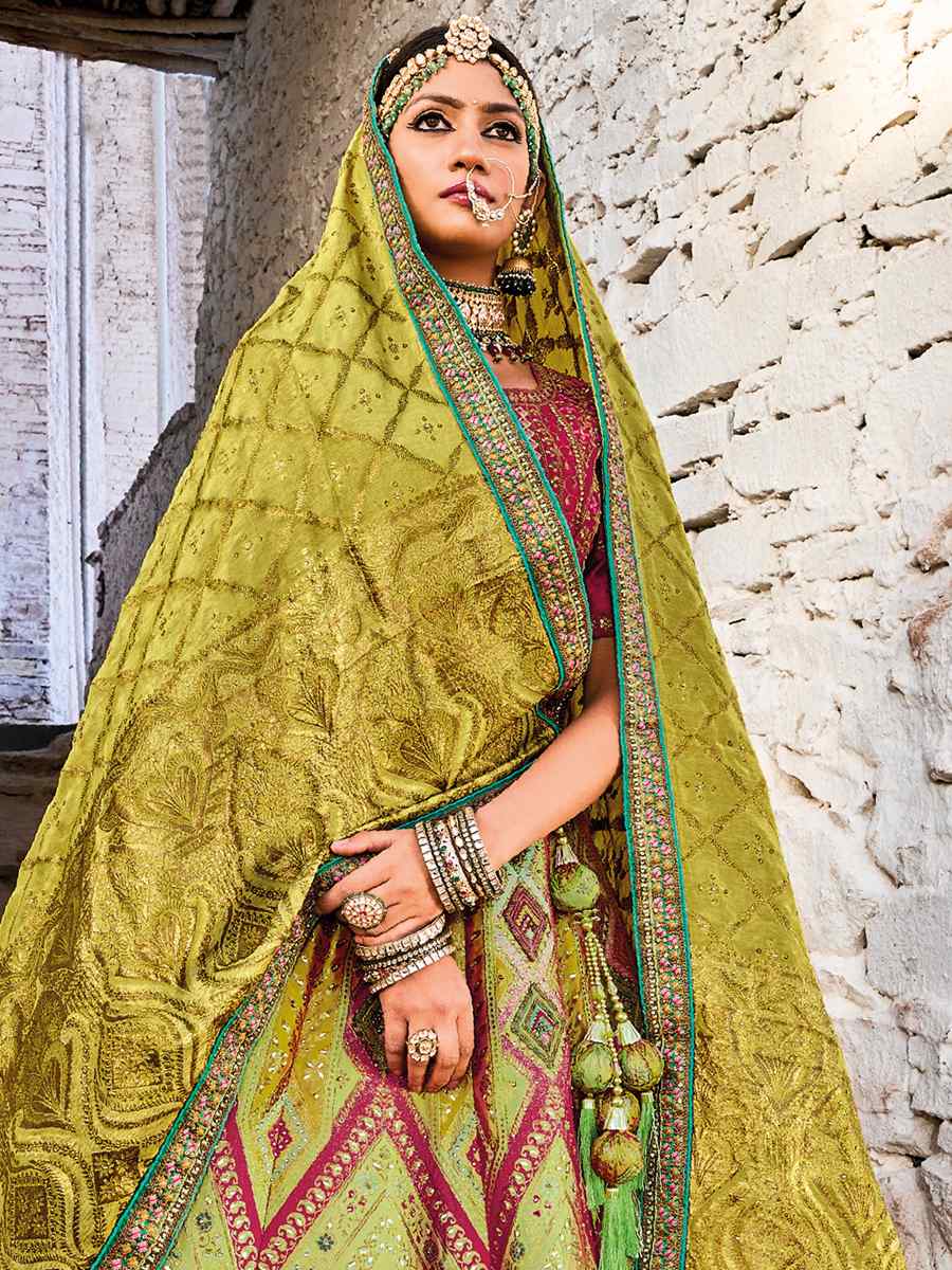 Pista Green Banarasi Silk Jacquard Embroidered Bridal Wedding Heavy Border Lehenga Choli