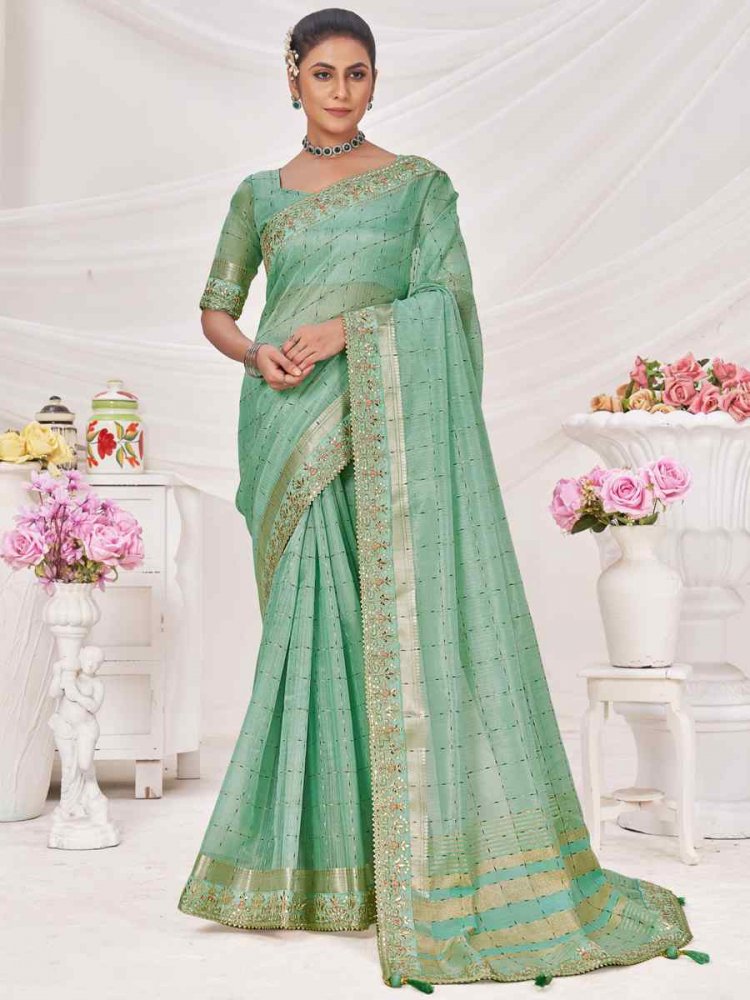 Pista Green Banarasi Zari Silk Embroidered Wedding Festival Heavy Border Saree