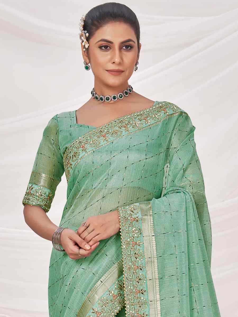 Pista Green Banarasi Zari Silk Embroidered Wedding Festival Heavy Border Saree