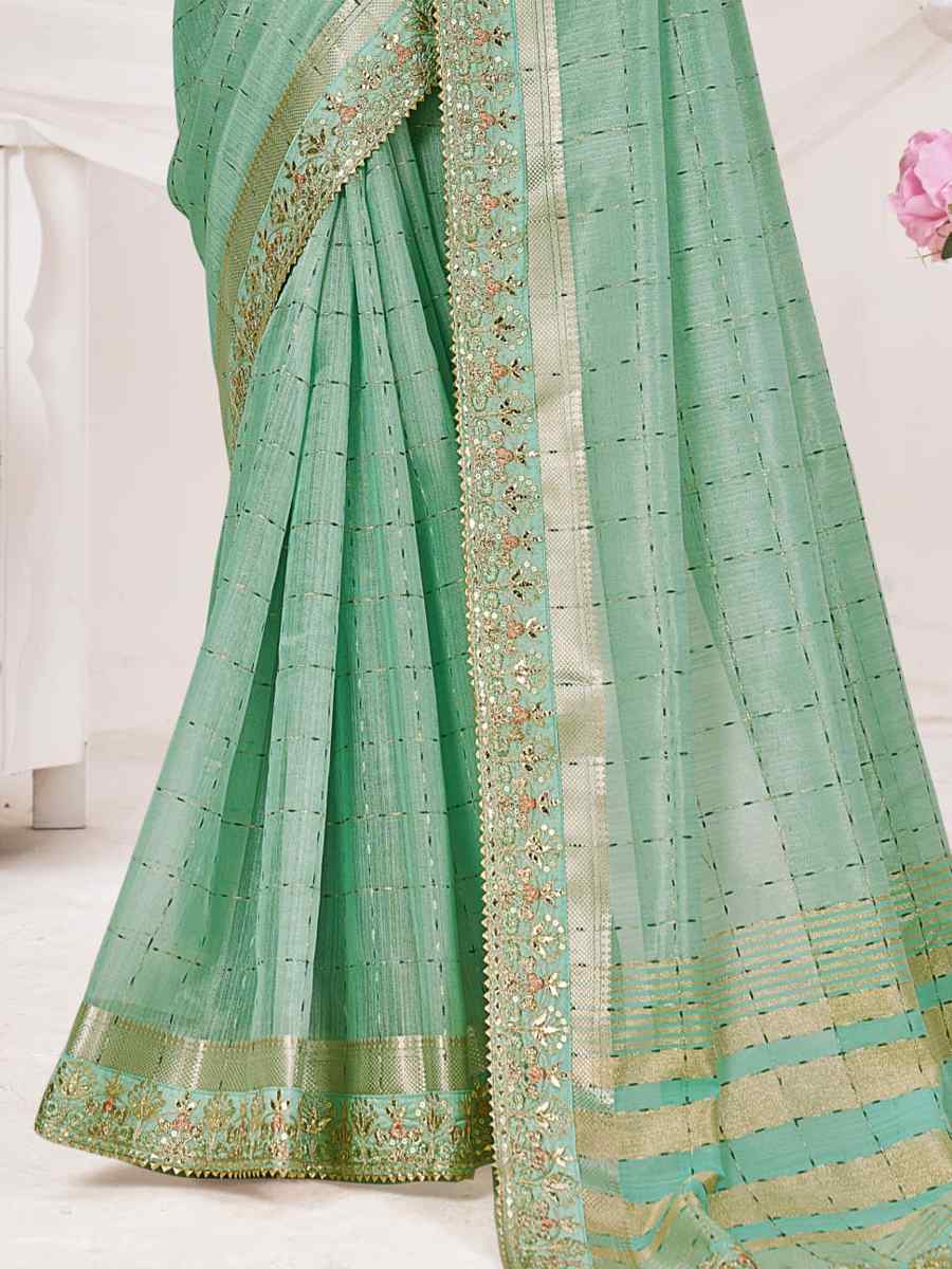 Pista Green Banarasi Zari Silk Embroidered Wedding Festival Heavy Border Saree