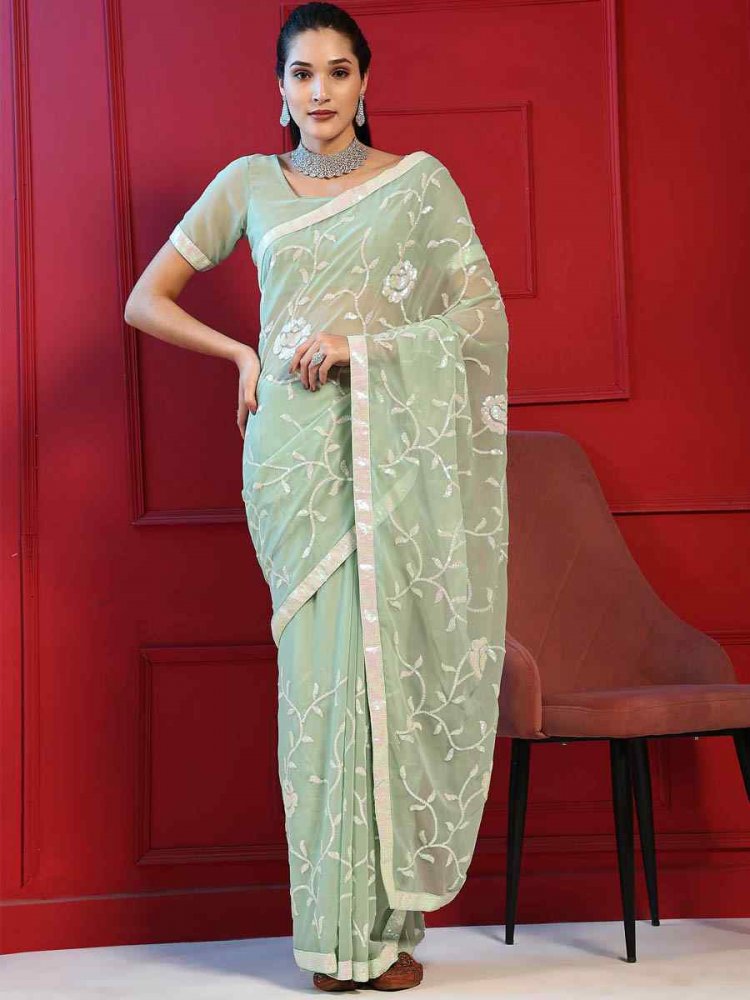 Pista Green Blooming Georgette Sequins Party Wedding Classic Style Saree