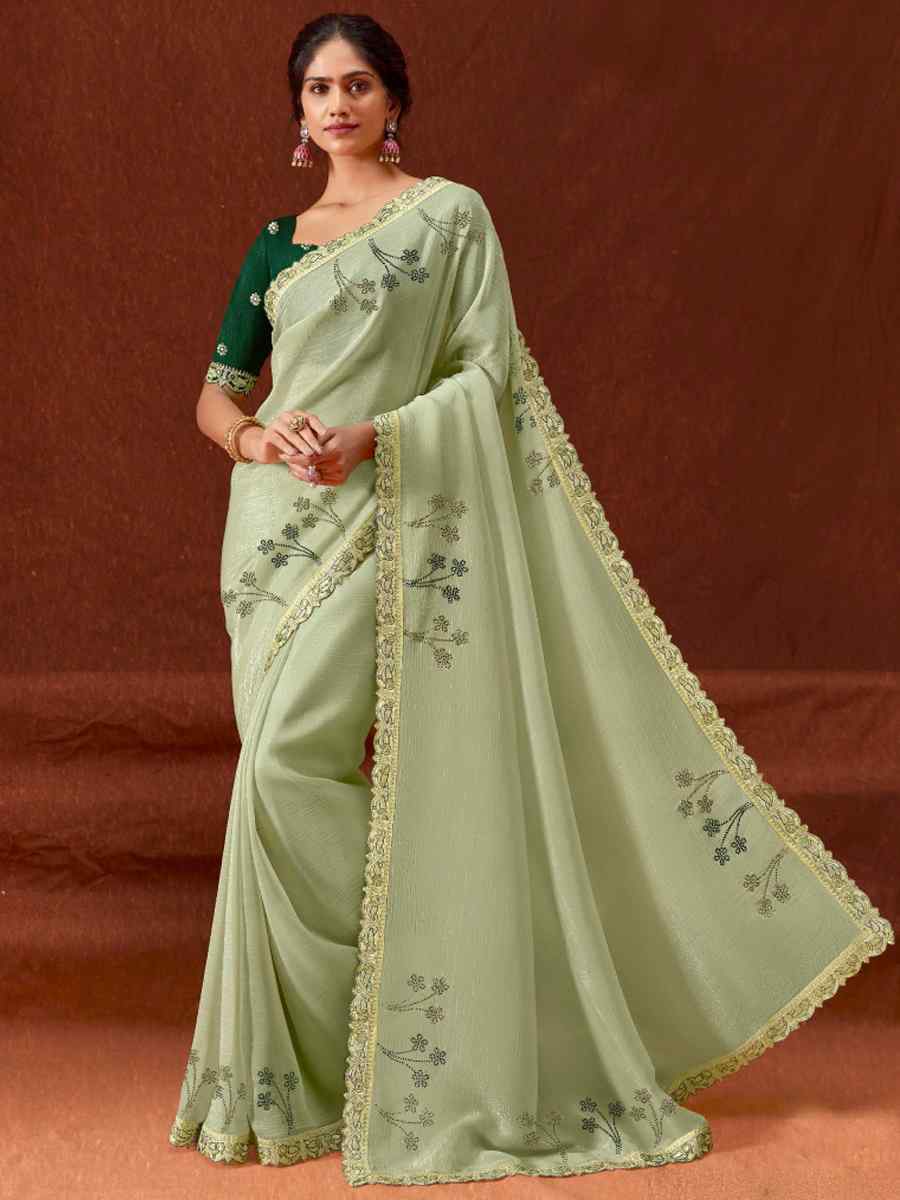 Pista Green Chinon Embroidered Wedding Festival Heavy Border Saree