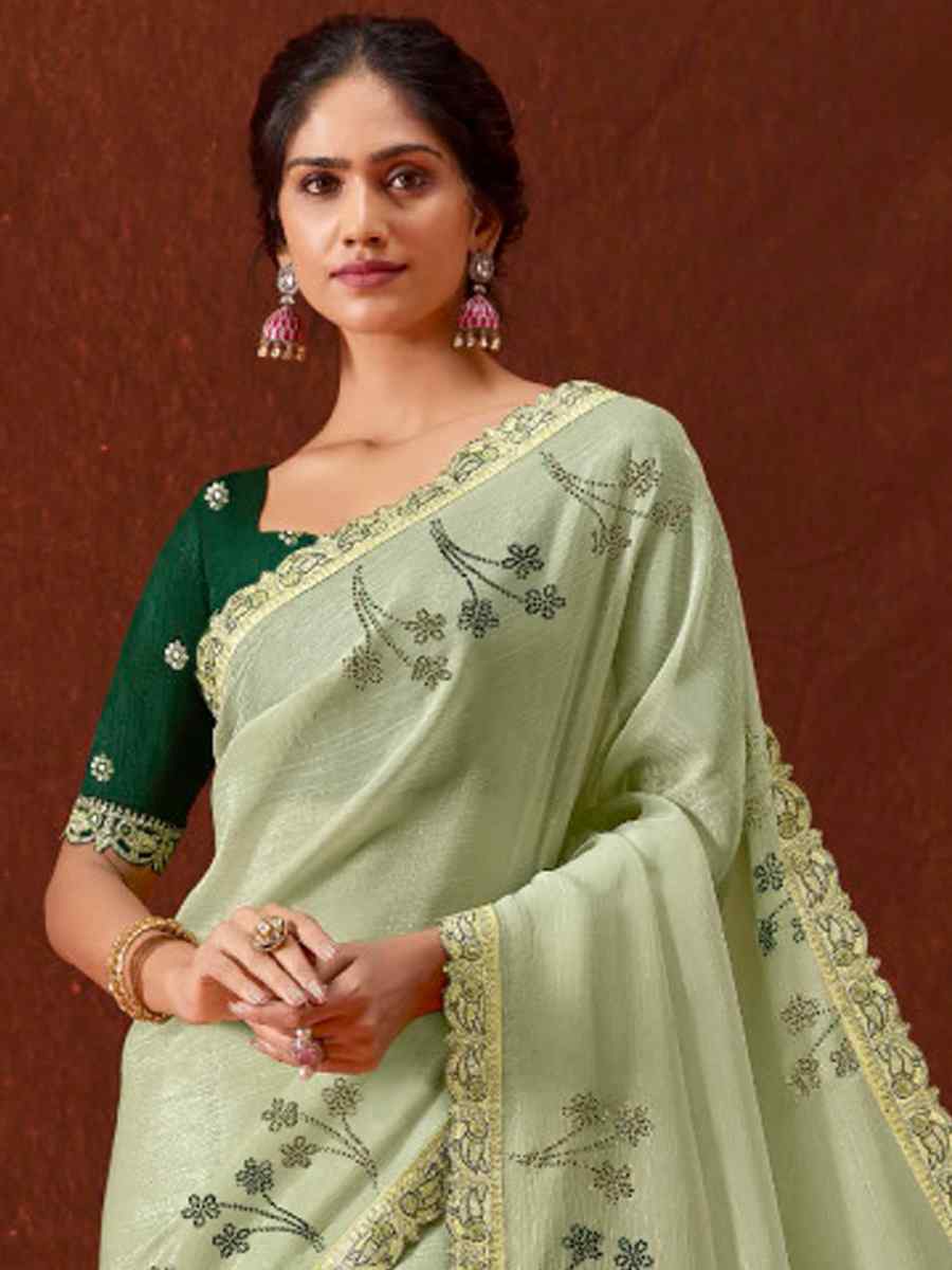 Pista Green Chinon Embroidered Wedding Festival Heavy Border Saree