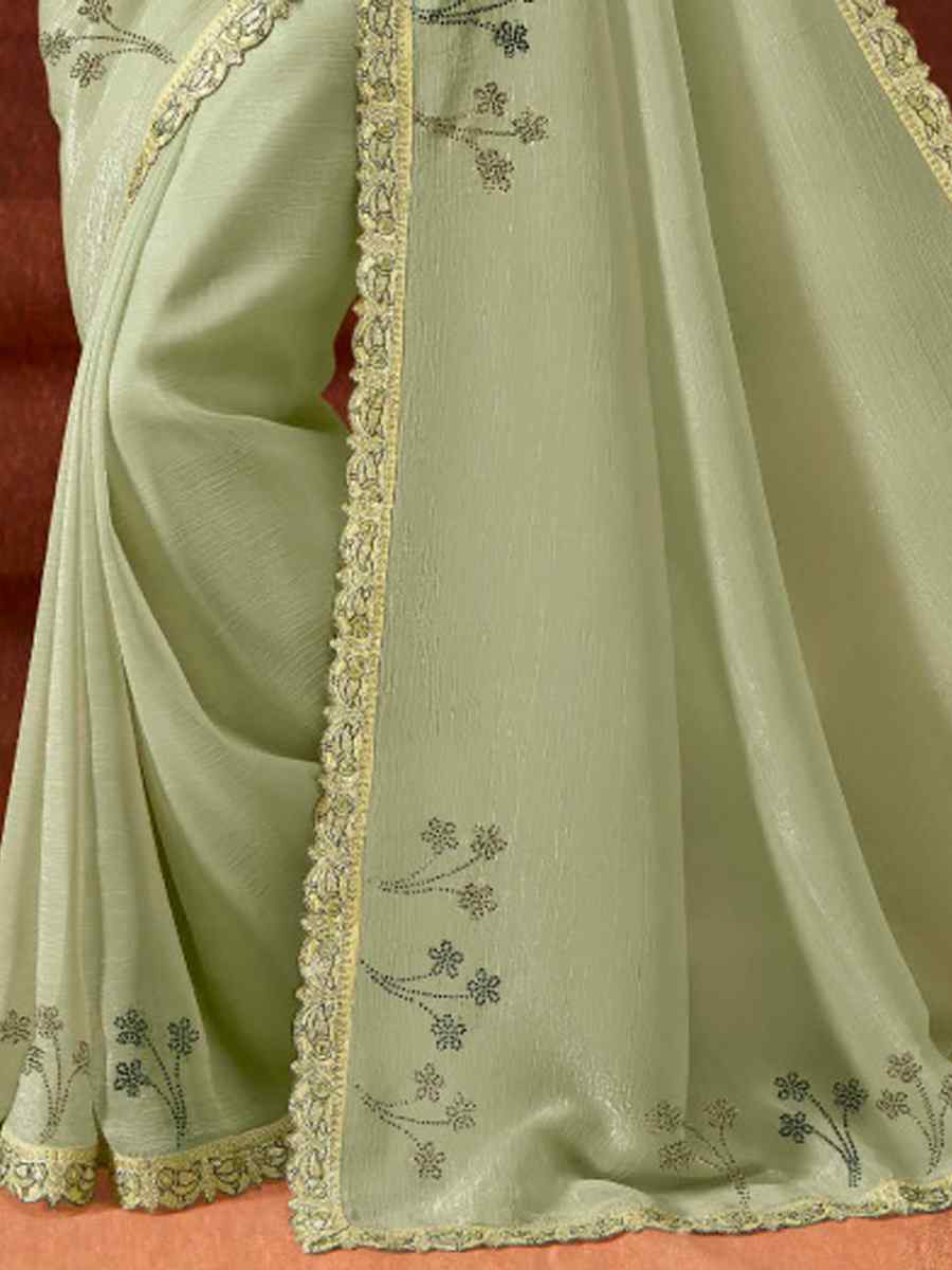 Pista Green Chinon Embroidered Wedding Festival Heavy Border Saree