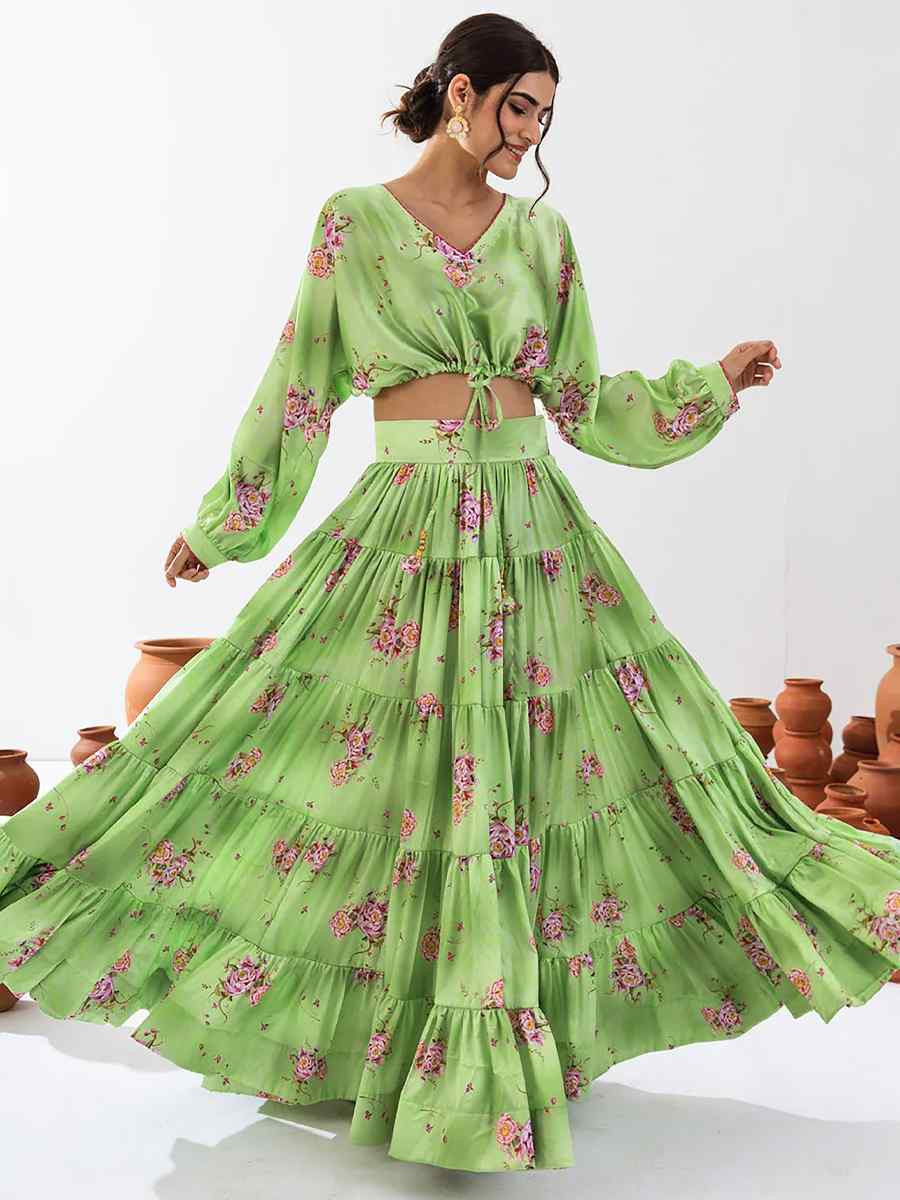 Pista Green Heavy Chinon Printed Festival Festival Circular Lehenga Choli