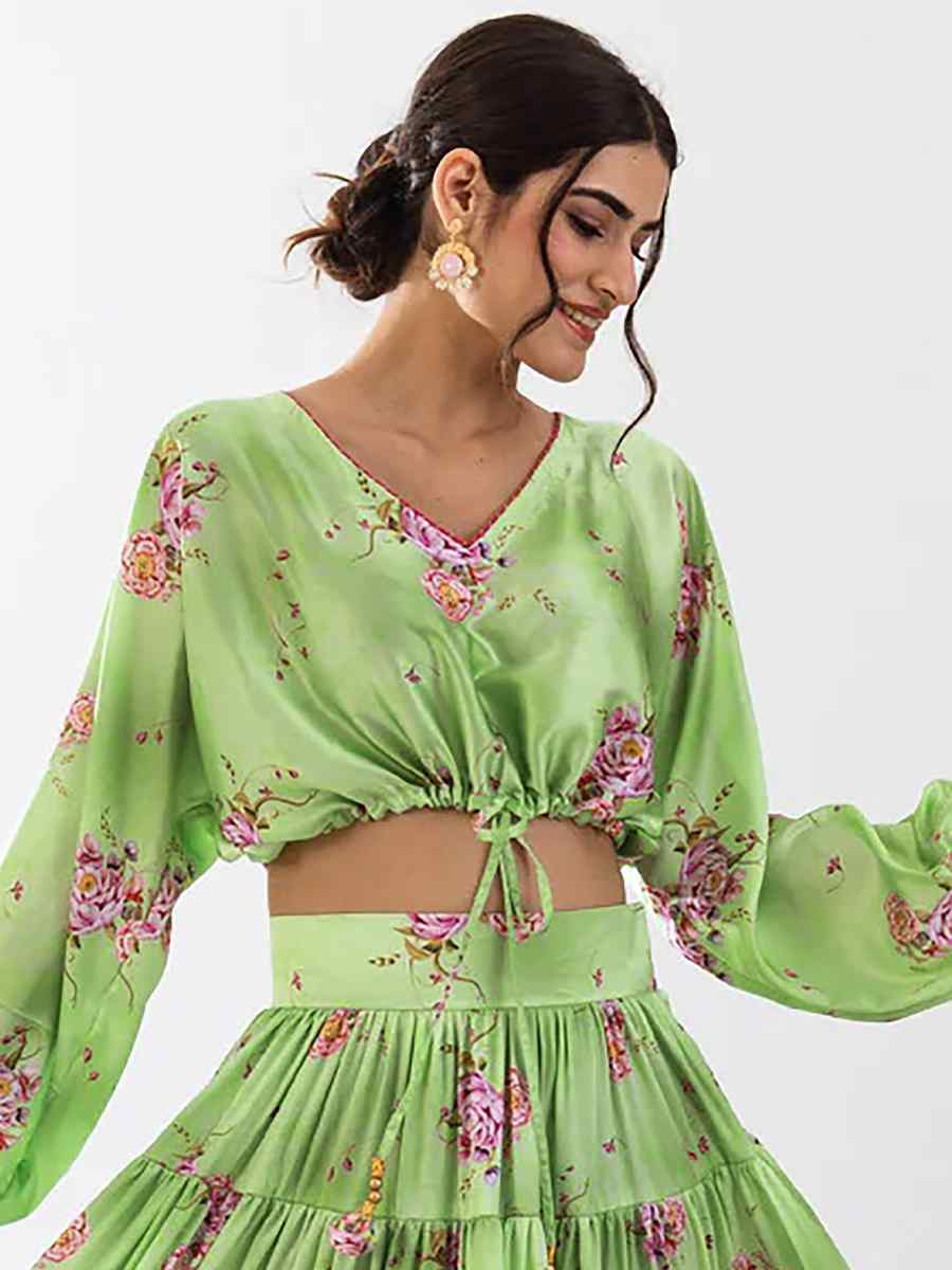 Pista Green Heavy Chinon Printed Festival Festival Circular Lehenga Choli