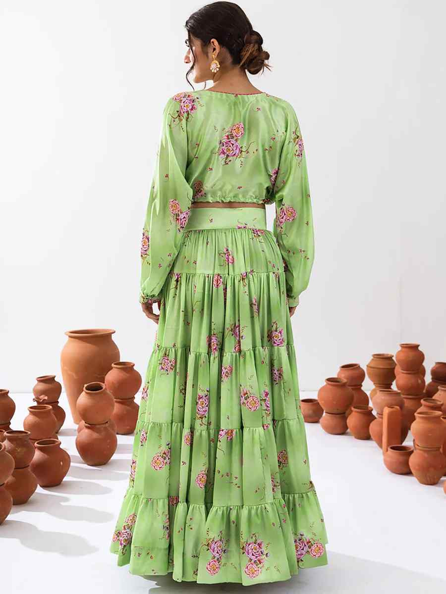 Pista Green Heavy Chinon Printed Festival Festival Circular Lehenga Choli