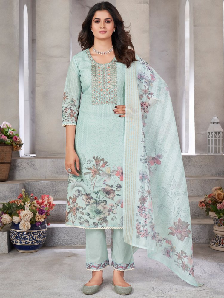 Pista Green Linen Cotton Embroidered Festival Casual Ready Pant Salwar Kameez