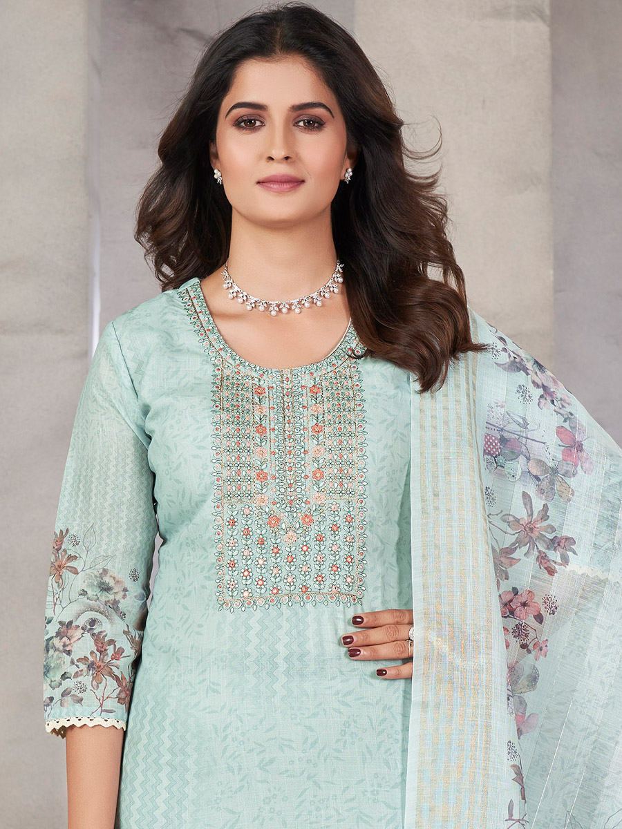 Pista Green Linen Cotton Embroidered Festival Casual Ready Pant Salwar Kameez