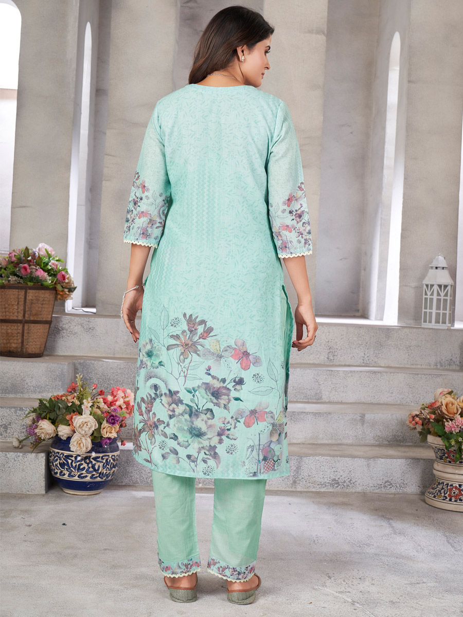 Pista Green Linen Cotton Embroidered Festival Casual Ready Pant Salwar Kameez