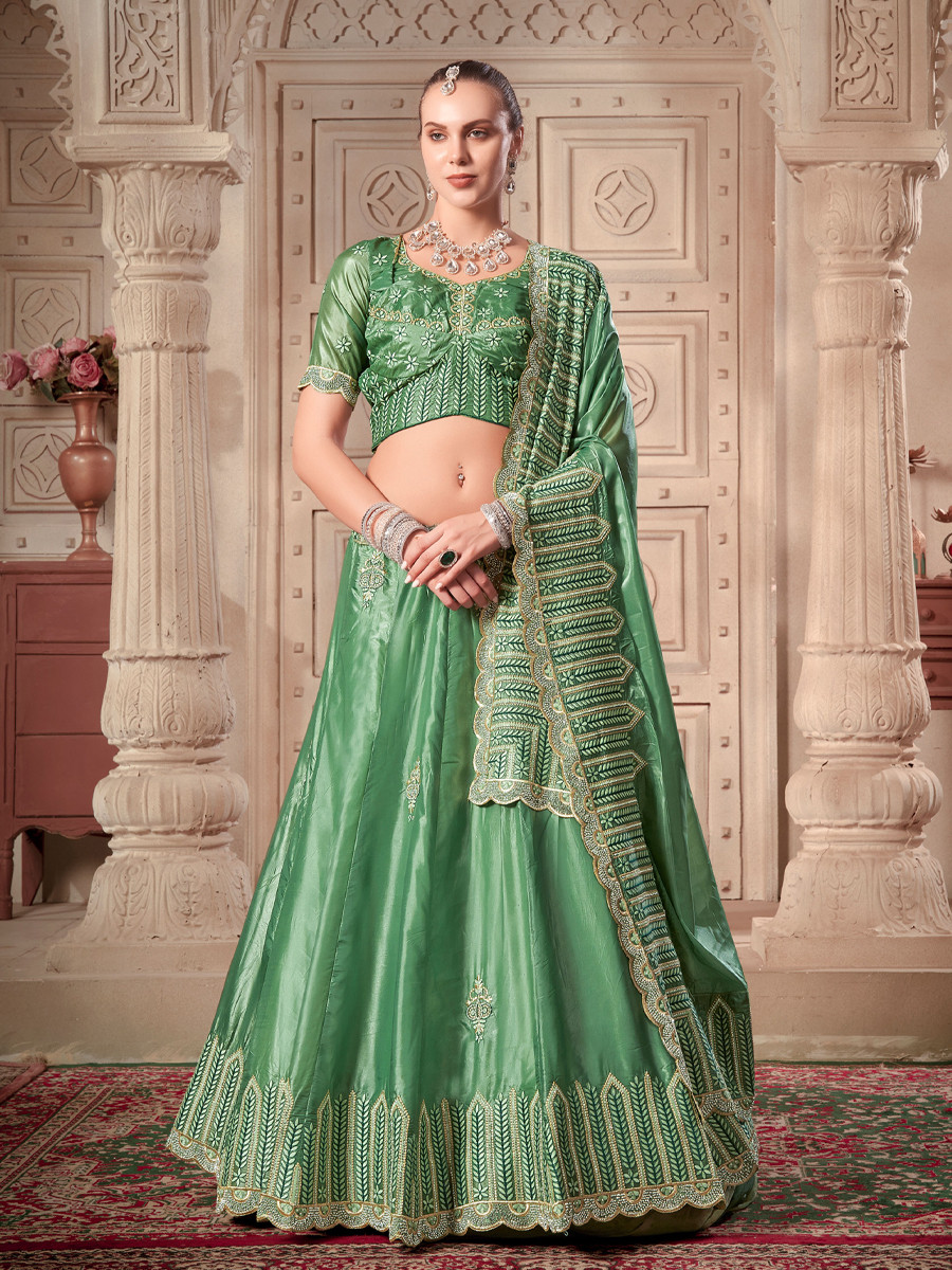 Pista Green Premium Soft Paper Silk Embroidered Reception Wedding Heavy Border Lehenga Choli