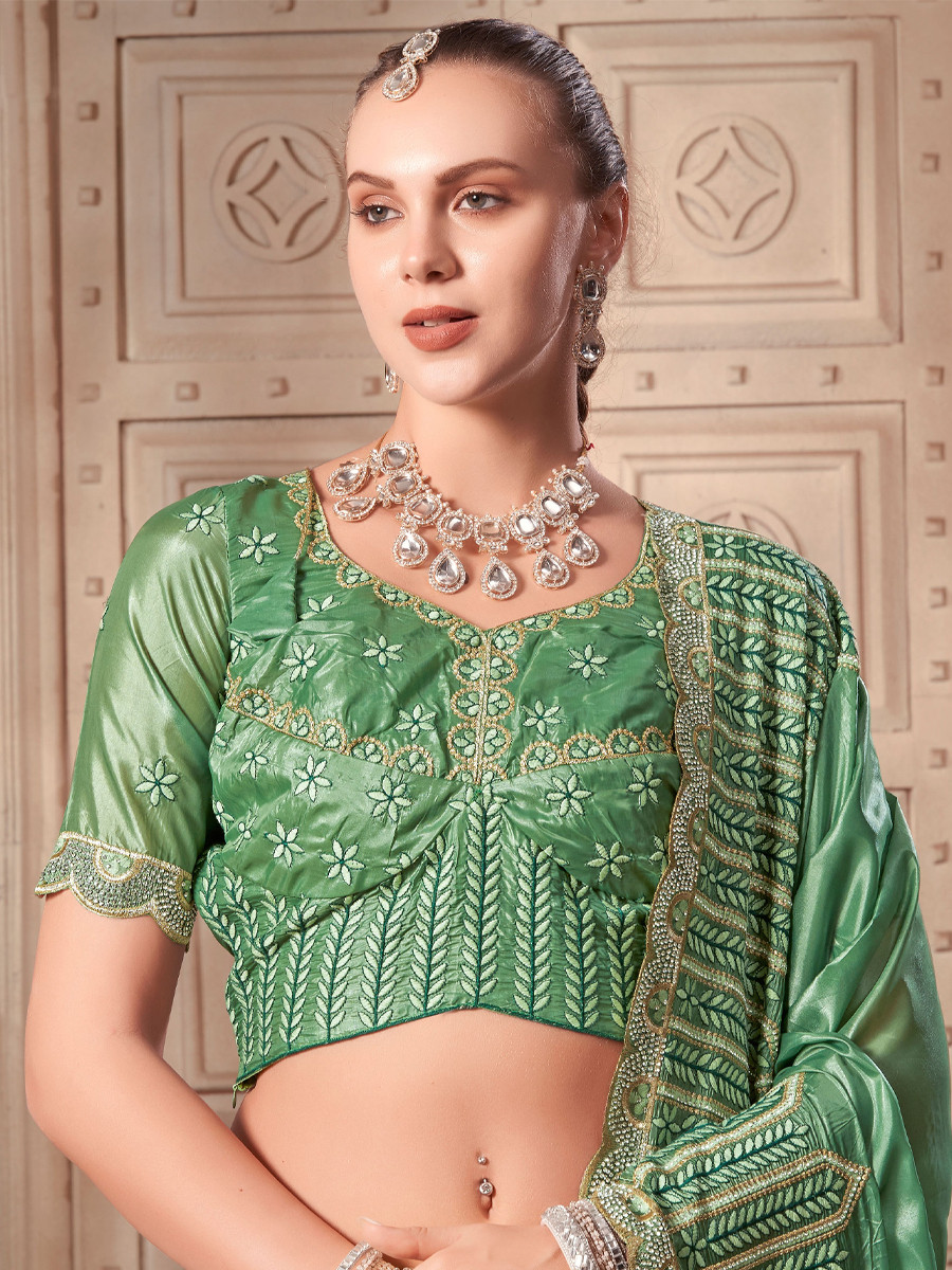 Pista Green Premium Soft Paper Silk Embroidered Reception Wedding Heavy Border Lehenga Choli