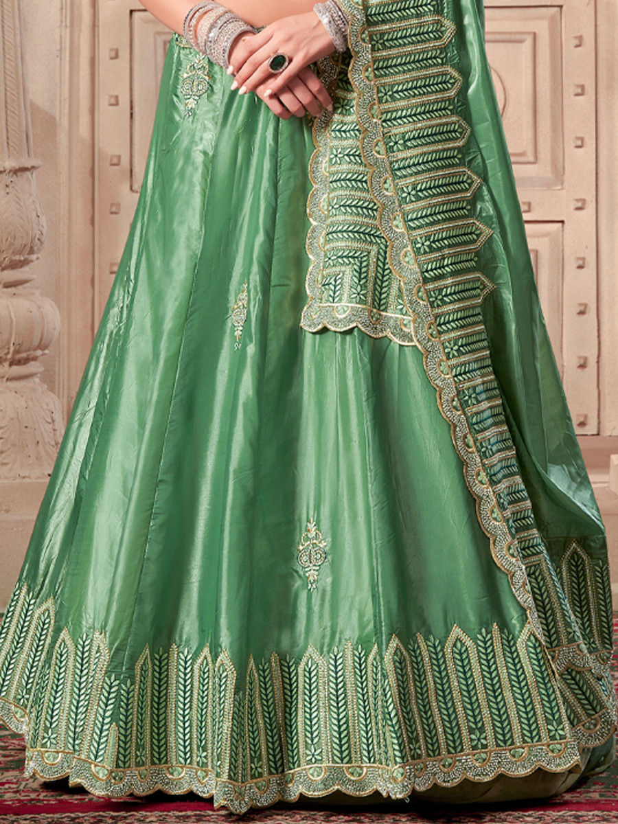 Pista Green Premium Soft Paper Silk Embroidered Reception Wedding Heavy Border Lehenga Choli