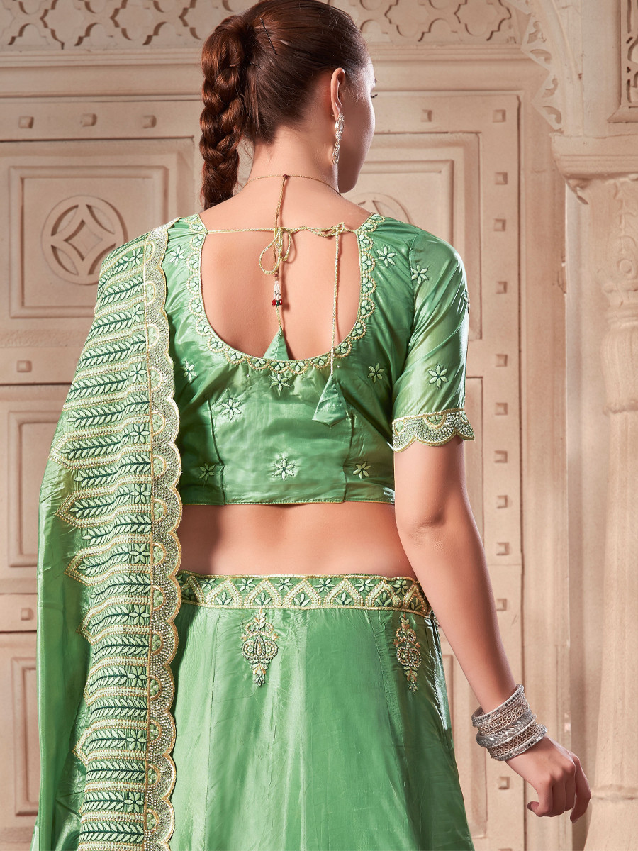 Pista Green Premium Soft Paper Silk Embroidered Reception Wedding Heavy Border Lehenga Choli