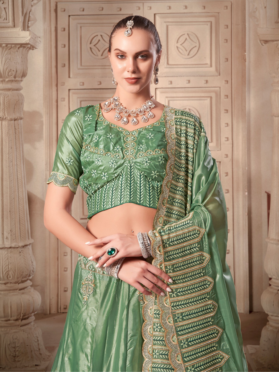 Pista Green Premium Soft Paper Silk Embroidered Reception Wedding Heavy Border Lehenga Choli