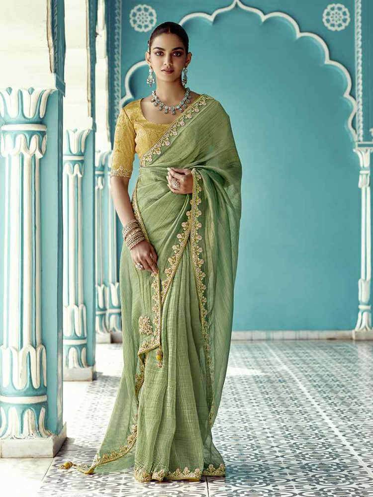 Pista Green Pure fancy Silk Embroidered Bridesmaid Reception Heavy Border Saree