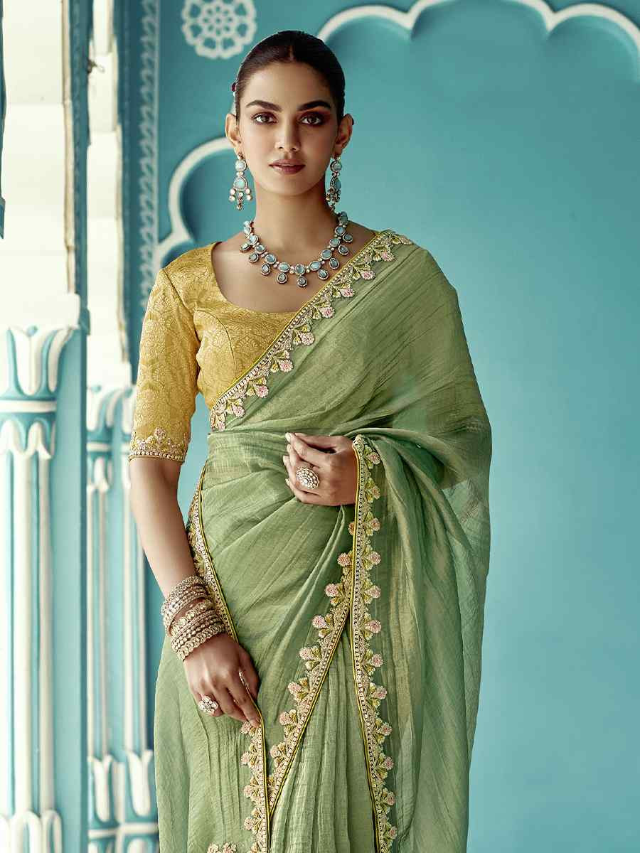 Pista Green Pure fancy Silk Embroidered Bridesmaid Reception Heavy Border Saree