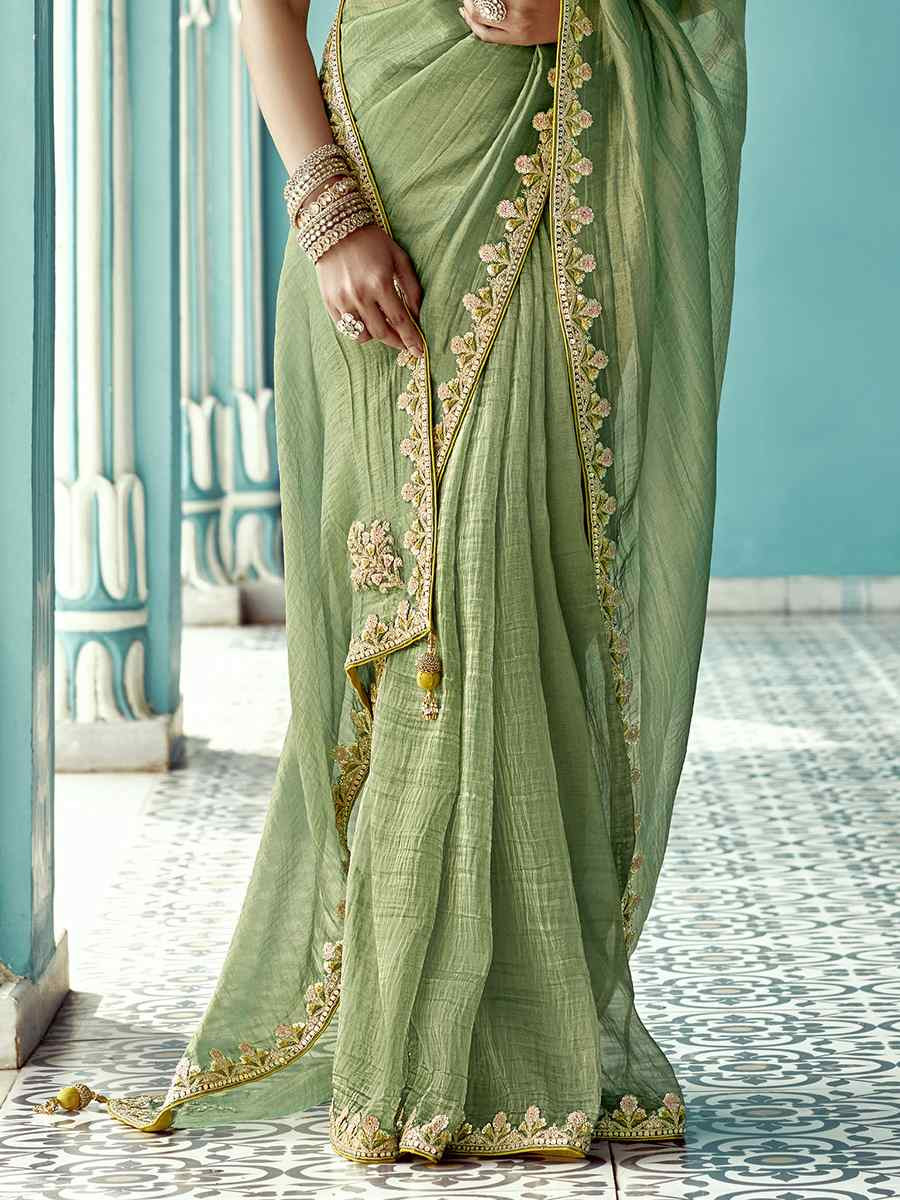 Pista Green Pure fancy Silk Embroidered Bridesmaid Reception Heavy Border Saree