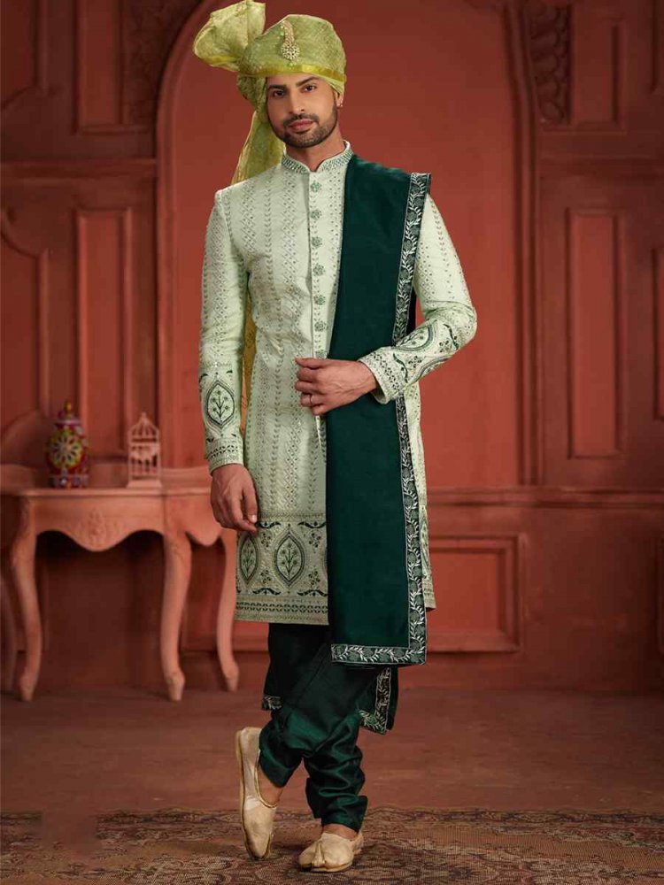 Pista Green Pure Silk Embroidered Groom Wedding Sherwani