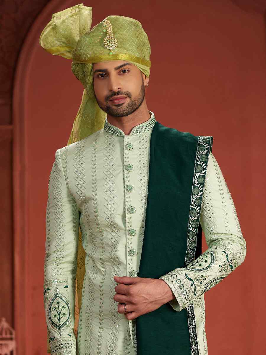 Pista Green Pure Silk Embroidered Groom Wedding Sherwani