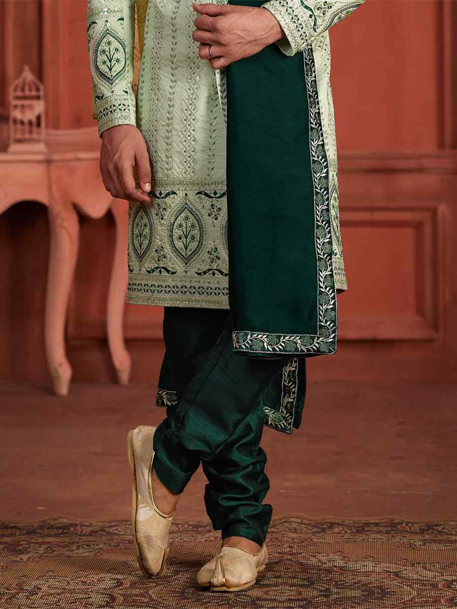 Pista Green Pure Silk Embroidered Groom Wedding Sherwani