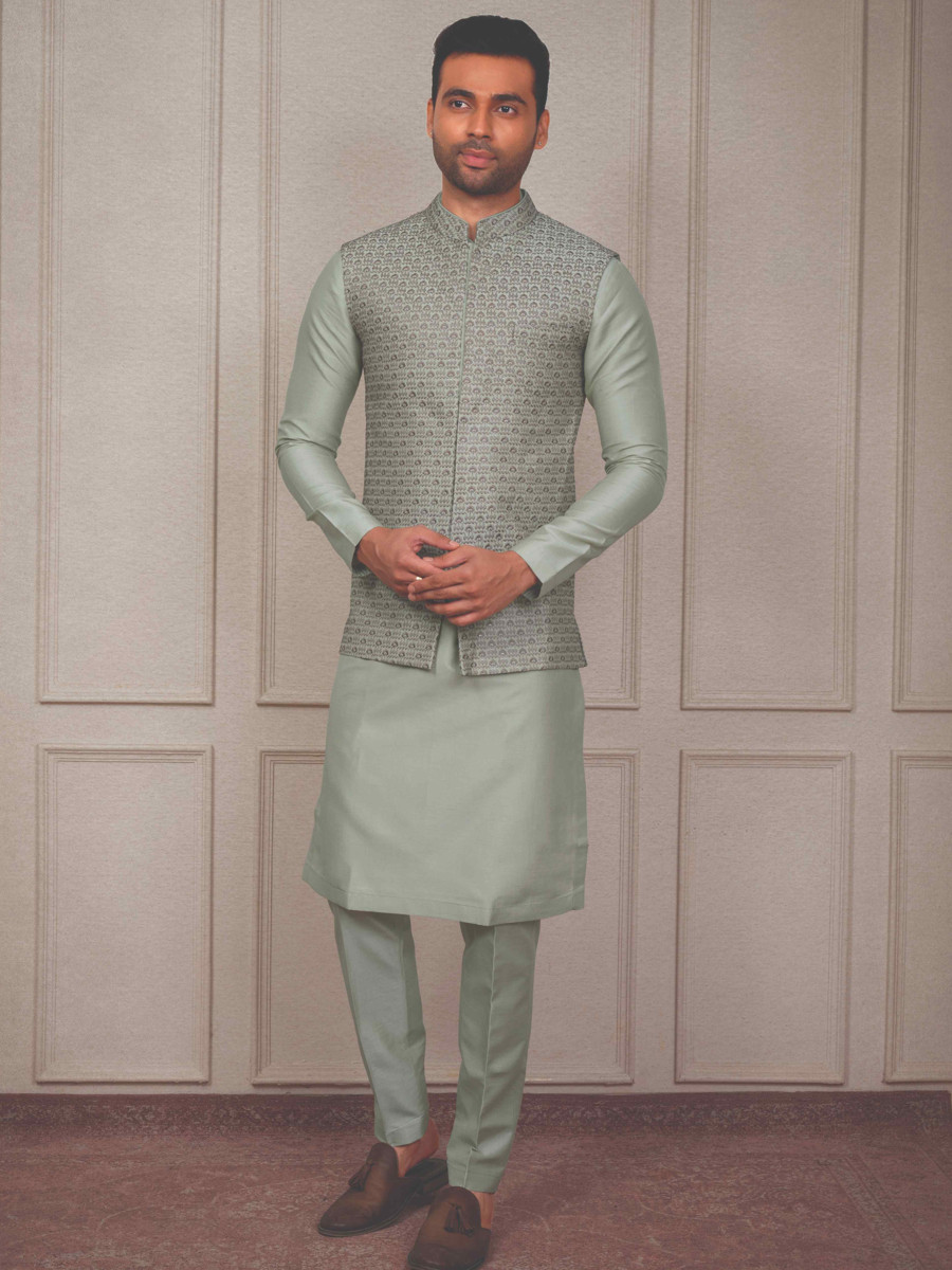 Pista Green Silk Woven Groom Wedding Kurta