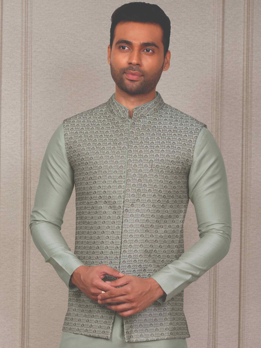 Pista Green Silk Woven Groom Wedding Kurta