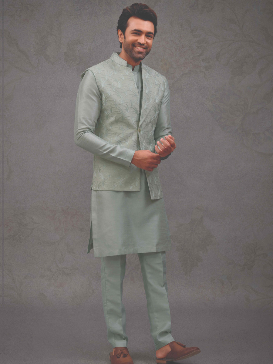 Pista Green Silk Woven Groom Wedding Kurta