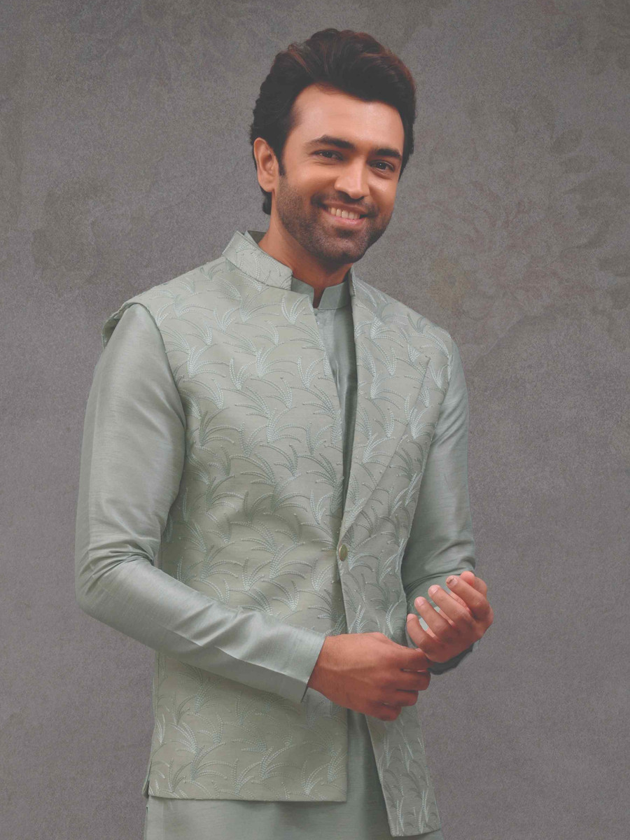 Pista Green Silk Woven Groom Wedding Kurta