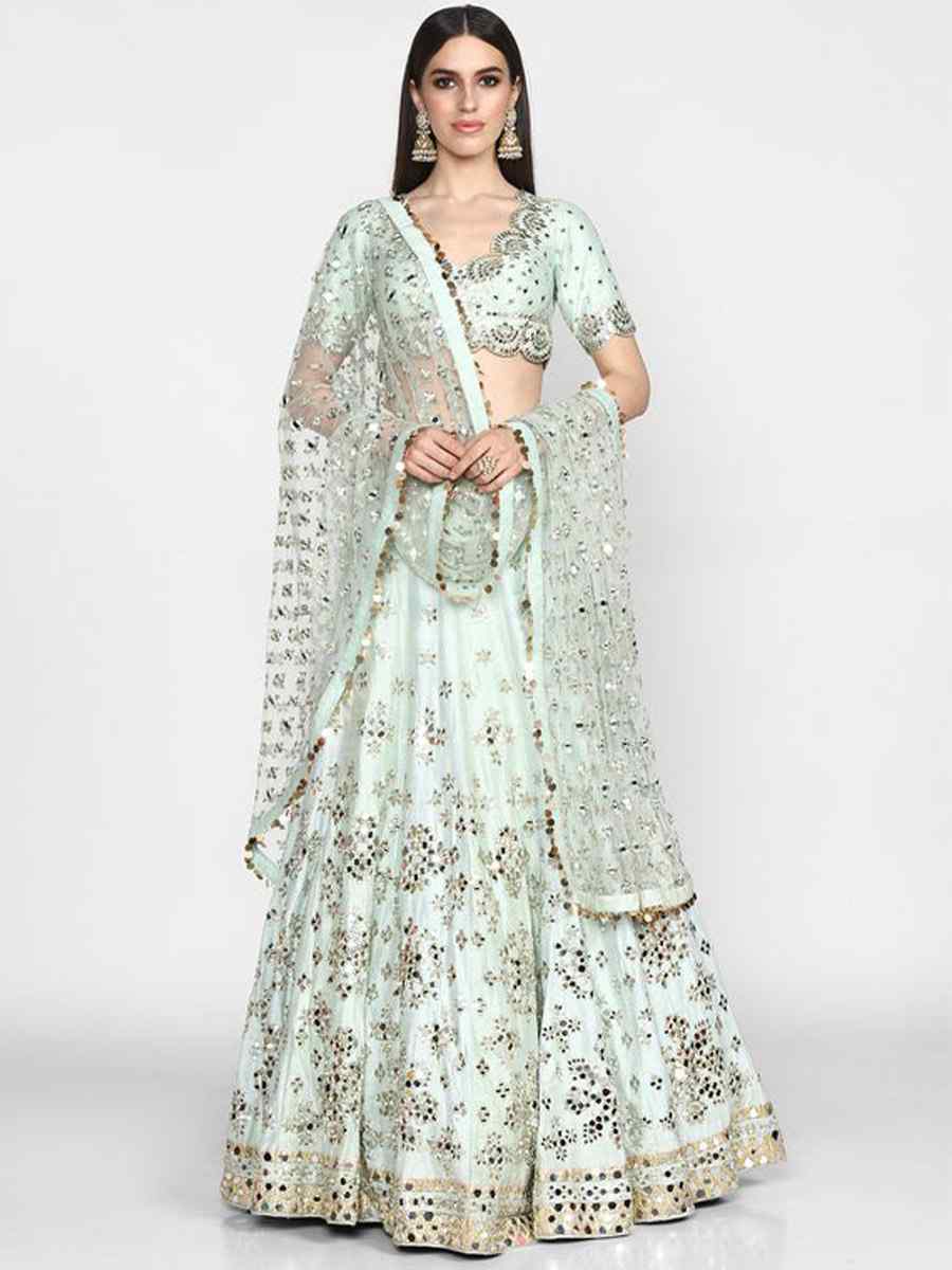 Pista Heavy Banglory Silk Embroidery Reception Party Wear Heavy Border Lehenga Choli