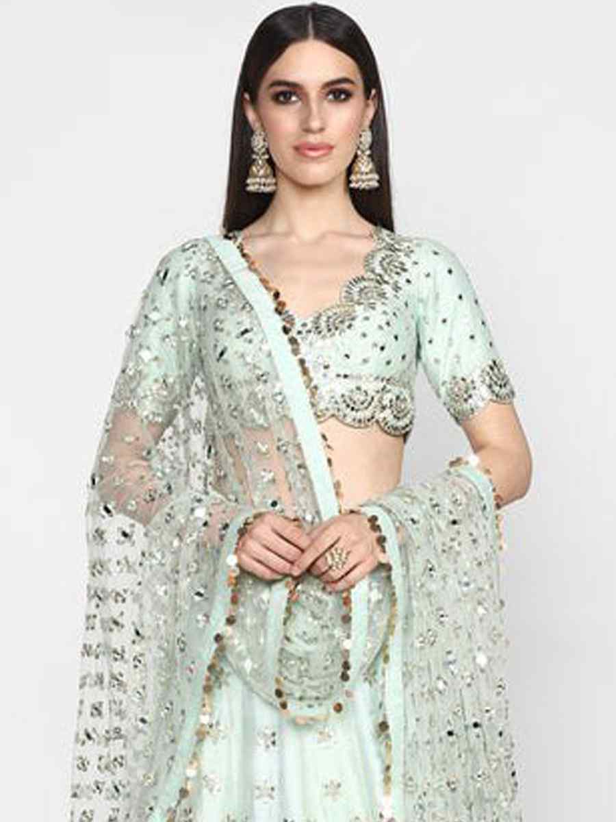 Pista Heavy Banglory Silk Embroidery Reception Party Wear Heavy Border Lehenga Choli