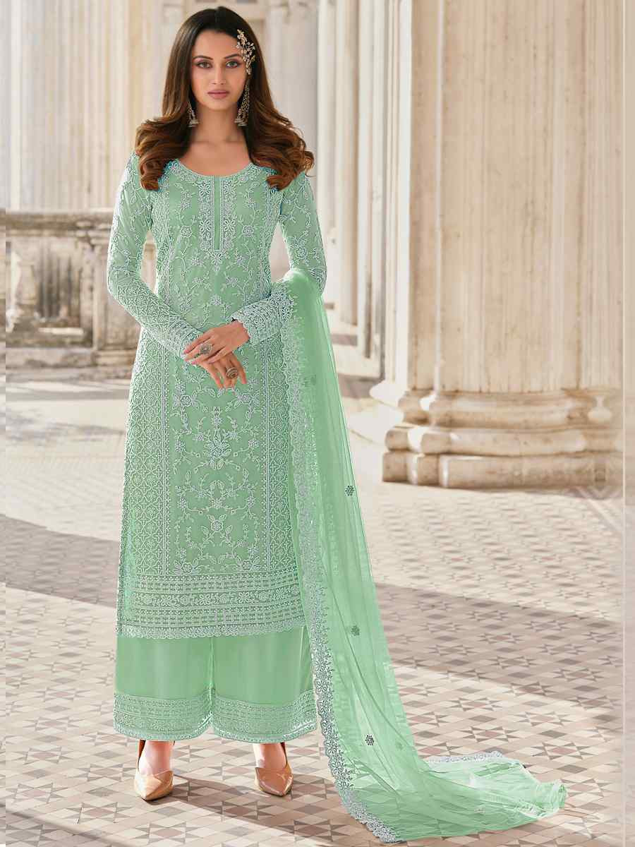 Pista Heavy Butterfly Net Embroidered Festival Wedding Palazzo Pant Salwar Kameez