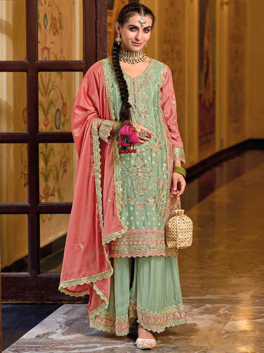 Pista Heavy Chinon Embroidered Festival Wedding Palazzo Pant Salwar Kameez