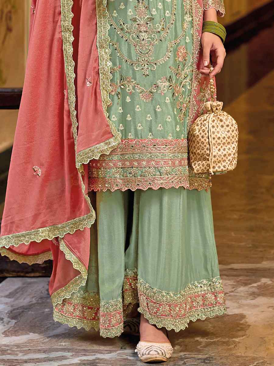 Pista Heavy Chinon Embroidered Festival Wedding Palazzo Pant Salwar Kameez