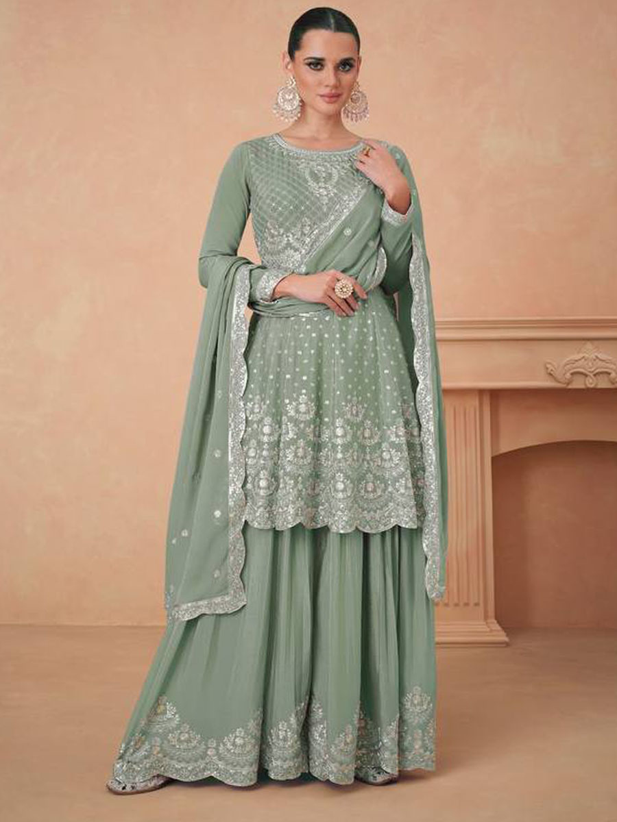 Pista Heavy Chinon Embroidered Festival Wedding Ready Sharara Pant Salwar Kameez