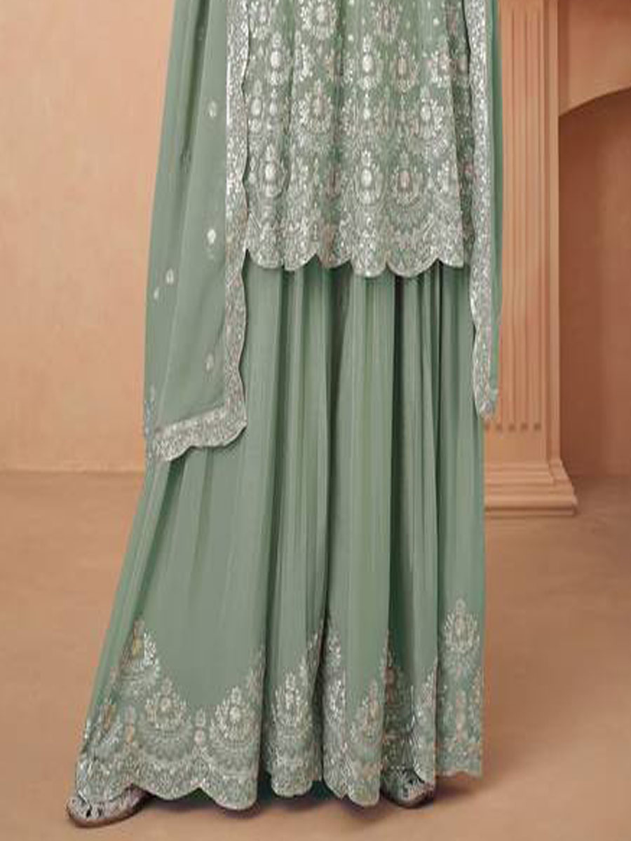 Pista Heavy Chinon Embroidered Festival Wedding Ready Sharara Pant Salwar Kameez