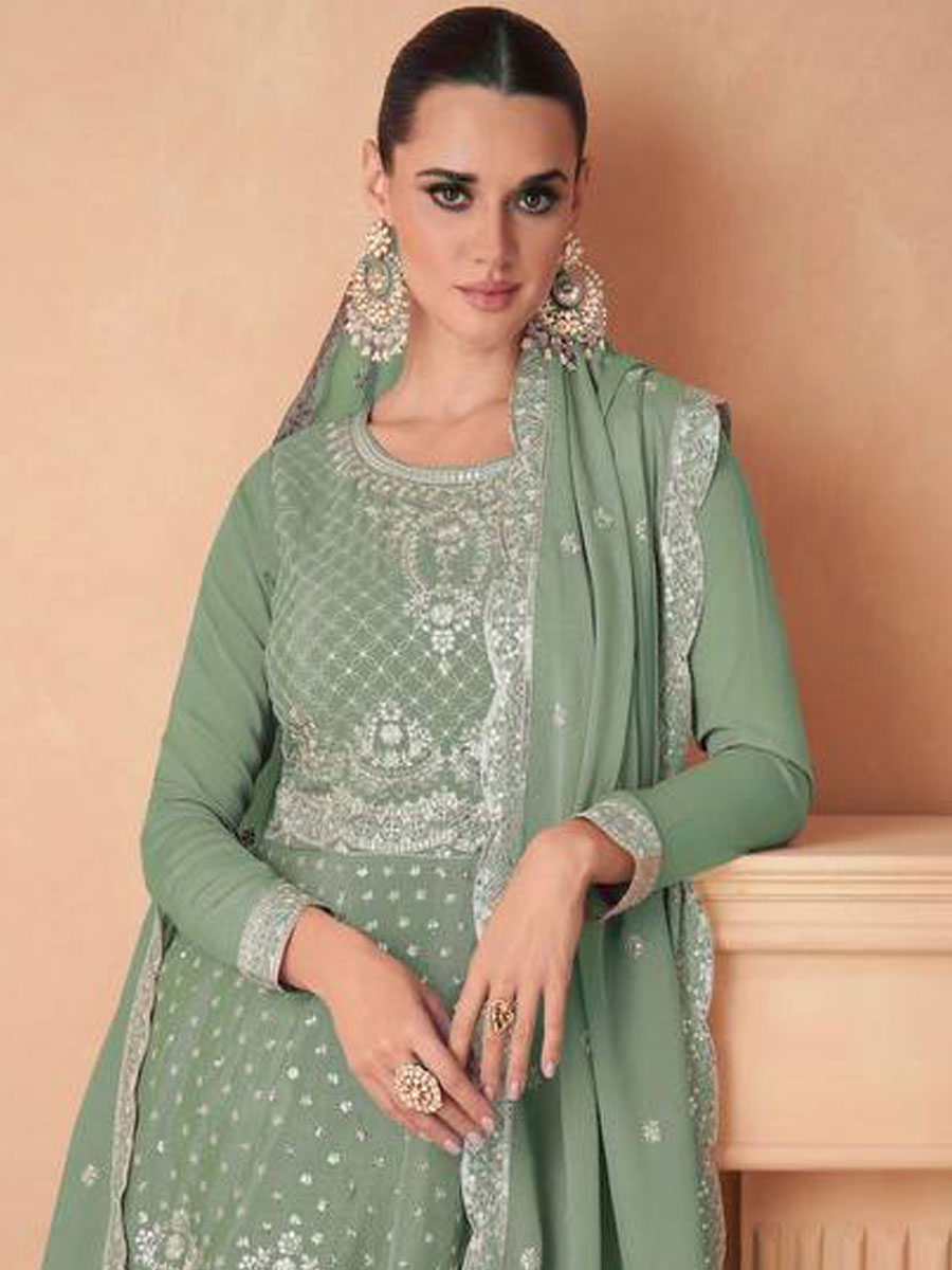 Pista Heavy Chinon Embroidered Festival Wedding Ready Sharara Pant Salwar Kameez