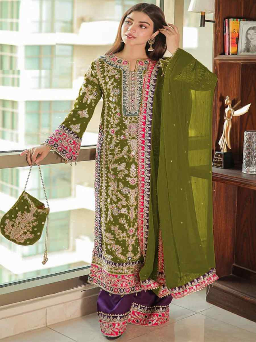 Pista Heavy Chinon Silk Embroidered Festival Wedding Pant Salwar Kameez