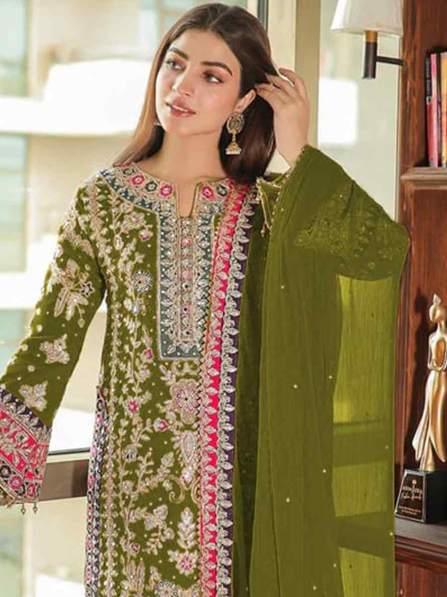 Pista Heavy Chinon Silk Embroidered Festival Wedding Pant Salwar Kameez