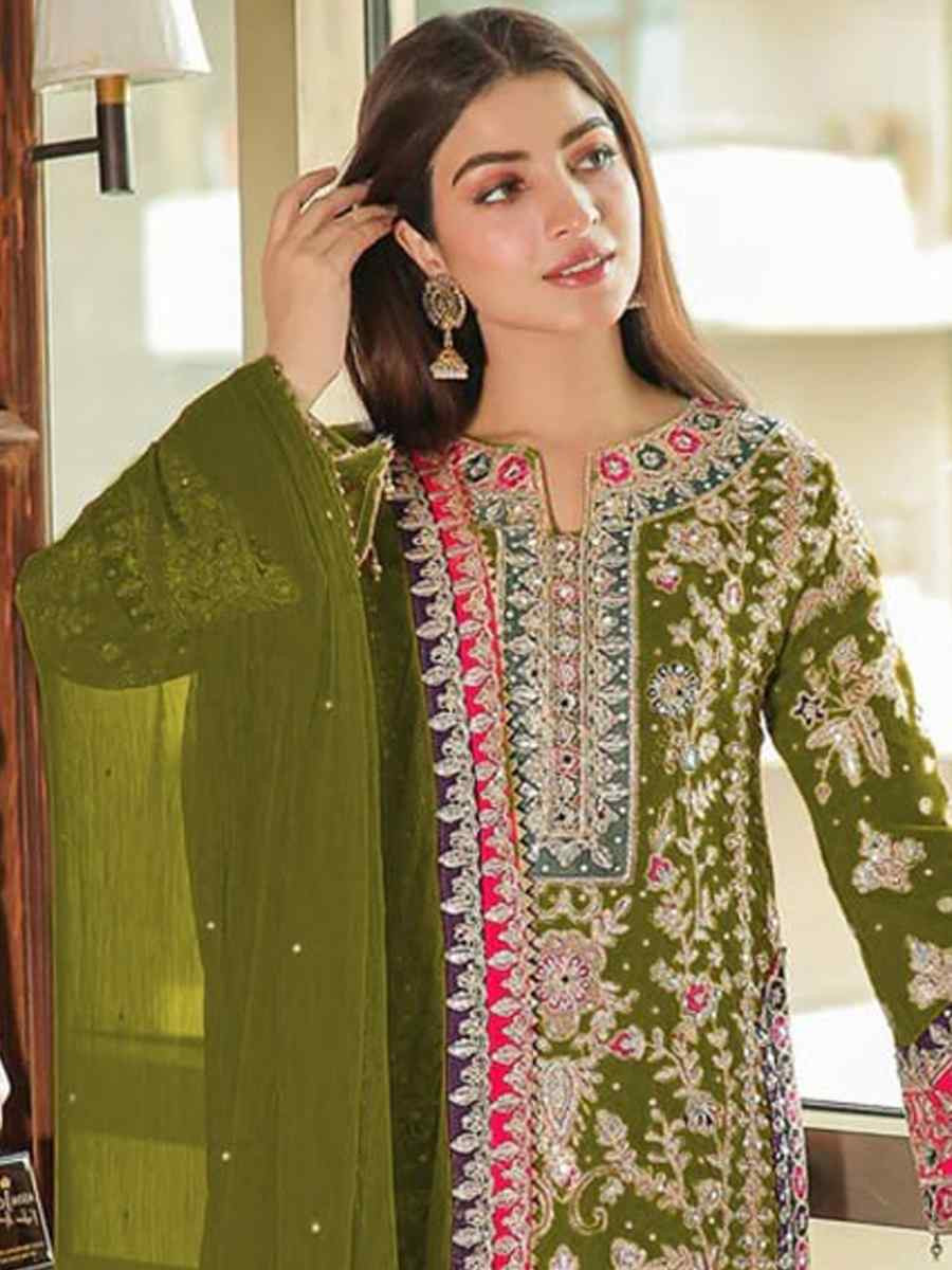 Pista Heavy Chinon Silk Embroidered Festival Wedding Pant Salwar Kameez