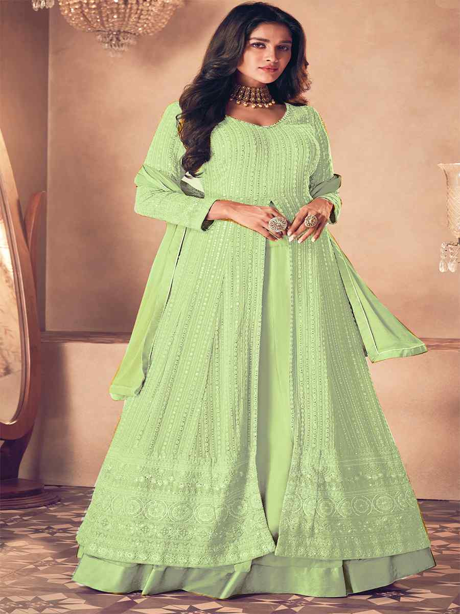 Pista Heavy Faux Georgette Embroidered Festival Wedding Anarkali Salwar Kameez