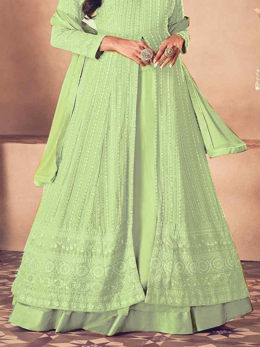 Pista Heavy Faux Georgette Embroidered Festival Wedding Anarkali Salwar Kameez