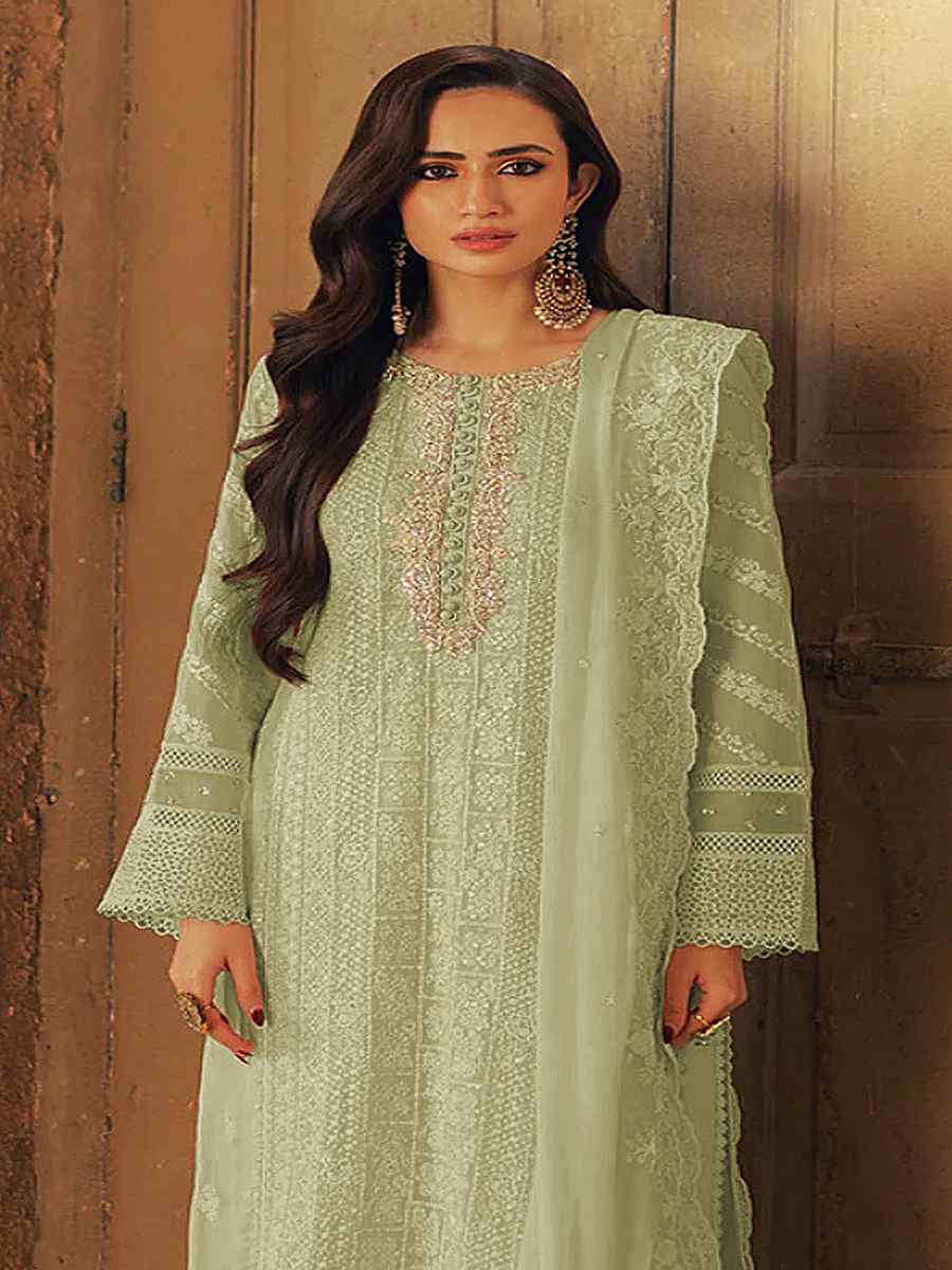 Pista Heavy Faux Georgette Embroidered Festival Wedding Pant Salwar Kameez