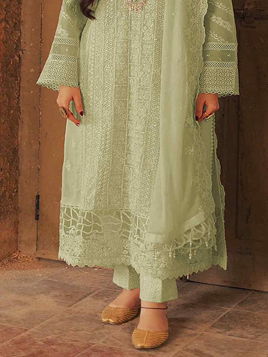 Pista Heavy Faux Georgette Embroidered Festival Wedding Pant Salwar Kameez