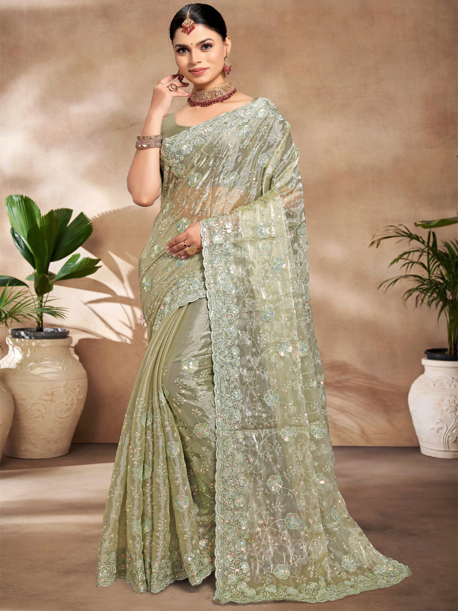 Pista Jimmy Choo Silk Embroidered Reception Wedding Heavy Border Saree