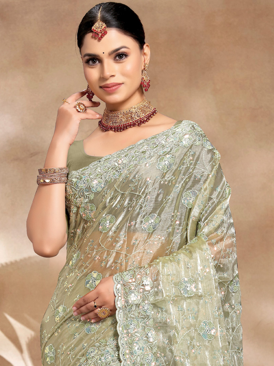 Pista Jimmy Choo Silk Embroidered Reception Wedding Heavy Border Saree