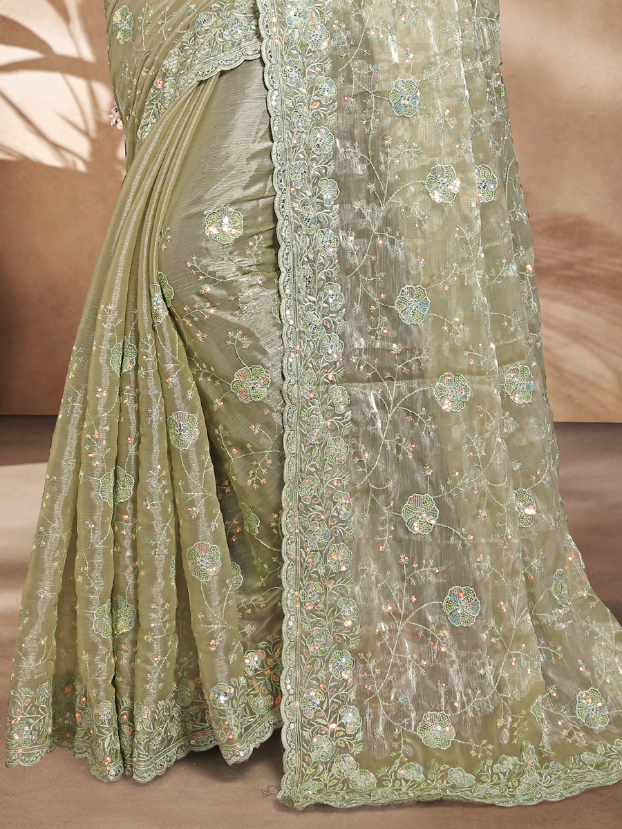 Pista Jimmy Choo Silk Embroidered Reception Wedding Heavy Border Saree