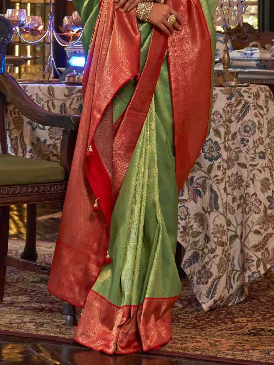 Pista Kanjivaram Silk Handwoven Wedding Festival Heavy Border Saree